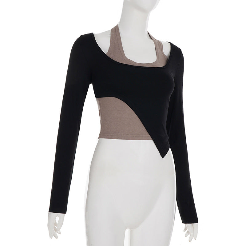 Long sleeve halter u neck patchwork top  | Festival Outfits Women