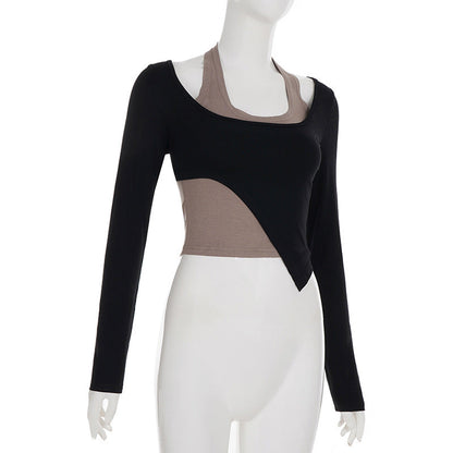 Long sleeve halter u neck patchwork top  | Festival Outfits Women