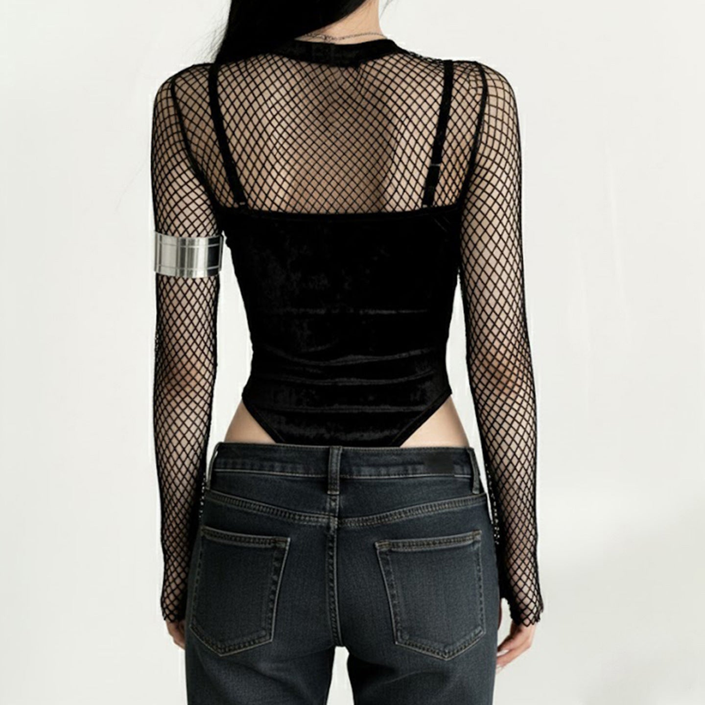 Long sleeve fishnet velvet embroidery bodysuit  | Festival Outfits Women