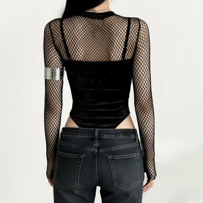 Long sleeve fishnet velvet embroidery bodysuit  | Festival Outfits Women