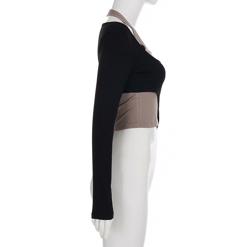 Long sleeve halter u neck patchwork top  | Festival Outfits Women