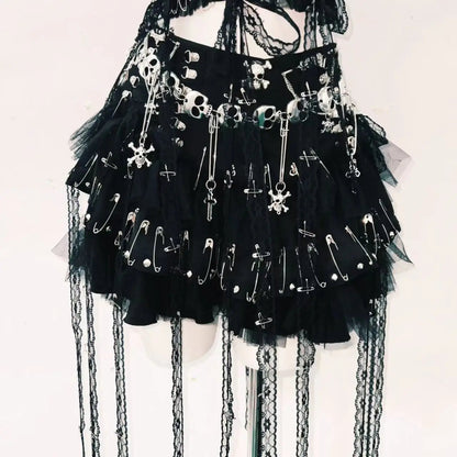 Halter skull beaded lace up lace mesh backless top  | Festival Outfits Women