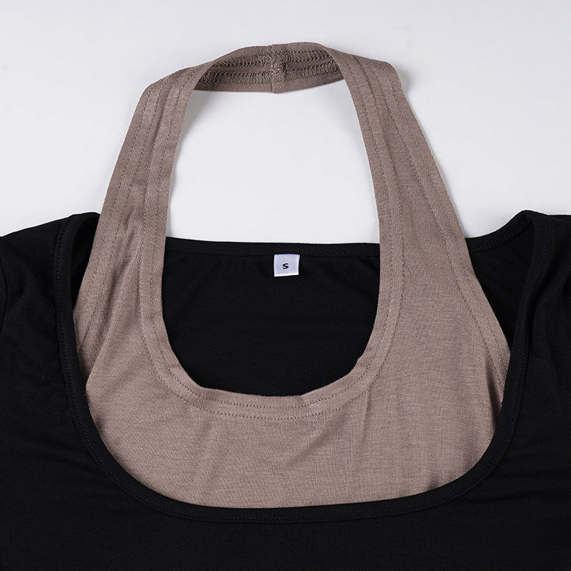 Long sleeve halter u neck patchwork top  | Festival Outfits Women