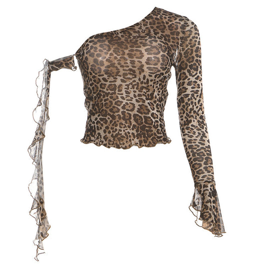 One shoulder leopard print ruffle mesh top | Festival Outfits Women | Cheetah Print Top