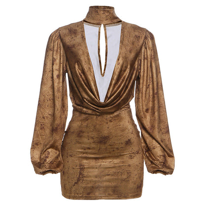 Cowl neck long sleeve high neck ruched mini dress  | Festival Outfits Women