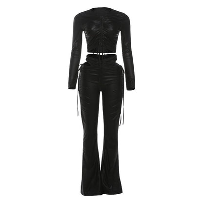 Long sleeve drawstring PU leather hollow out pant set  | Festival Outfits Women