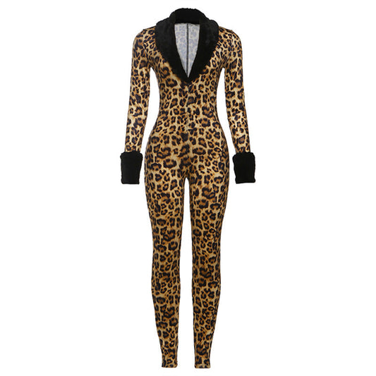 Long sleeve v neck leopard print fluffy jumpsuit  | Festival Outfits Women