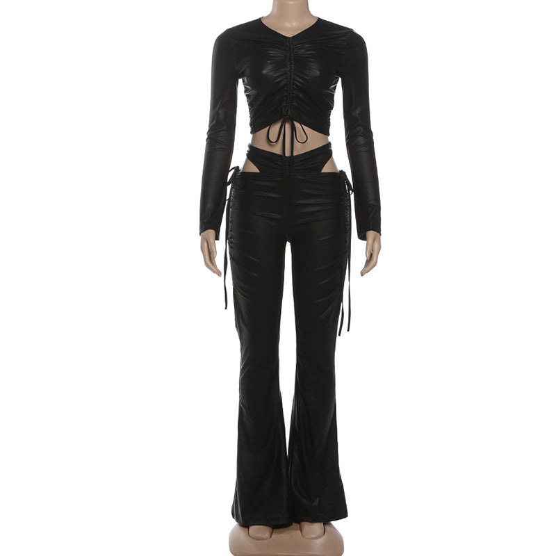 Long sleeve drawstring PU leather hollow out pant set  | Festival Outfits Women