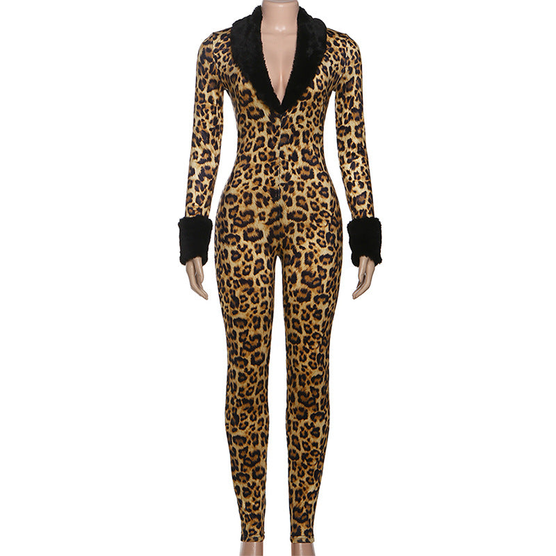 Long sleeve v neck leopard print fluffy jumpsuit  | Festival Outfits Women