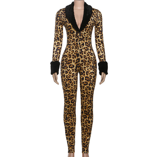 Long sleeve v neck leopard print fluffy jumpsuit  | Festival Outfits Women