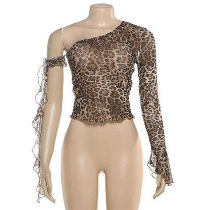 One shoulder leopard print ruffle mesh top  | Festival Outfits Women  | Cheetah Print Top