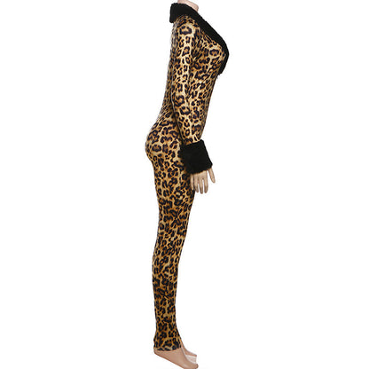 Long sleeve v neck leopard print fluffy jumpsuit  | Festival Outfits Women