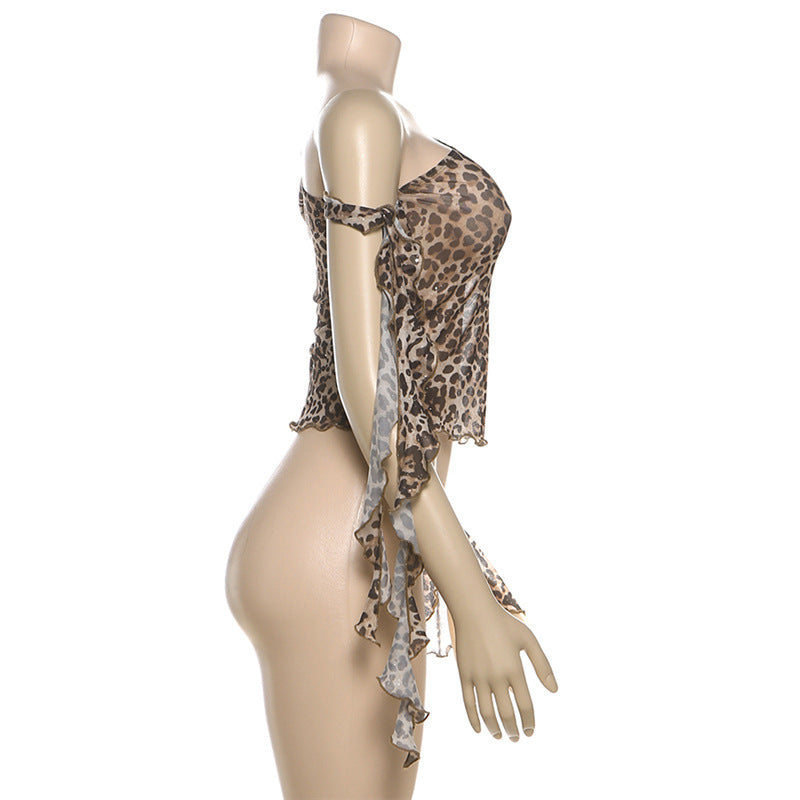 One shoulder leopard print ruffle mesh top  | Festival Outfits Women  | Cheetah Print Top