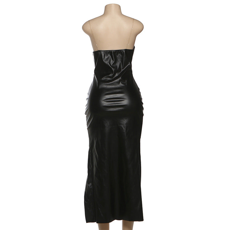 PU leather slit backless maxi dress  | Festival Outfits Women