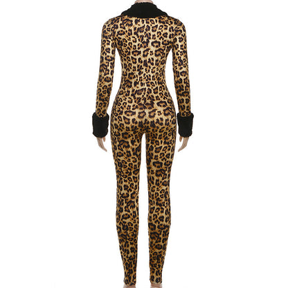 Long sleeve v neck leopard print fluffy jumpsuit  | Festival Outfits Women