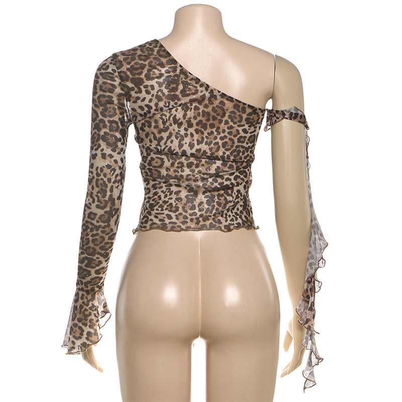One shoulder leopard print ruffle mesh top  | Festival Outfits Women  | Cheetah Print Top