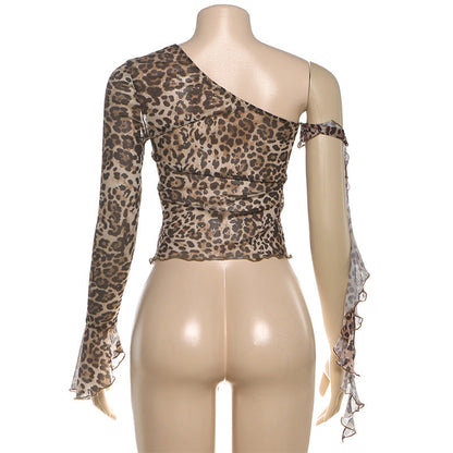 One shoulder leopard print ruffle mesh top  | Festival Outfits Women  | Cheetah Print Top