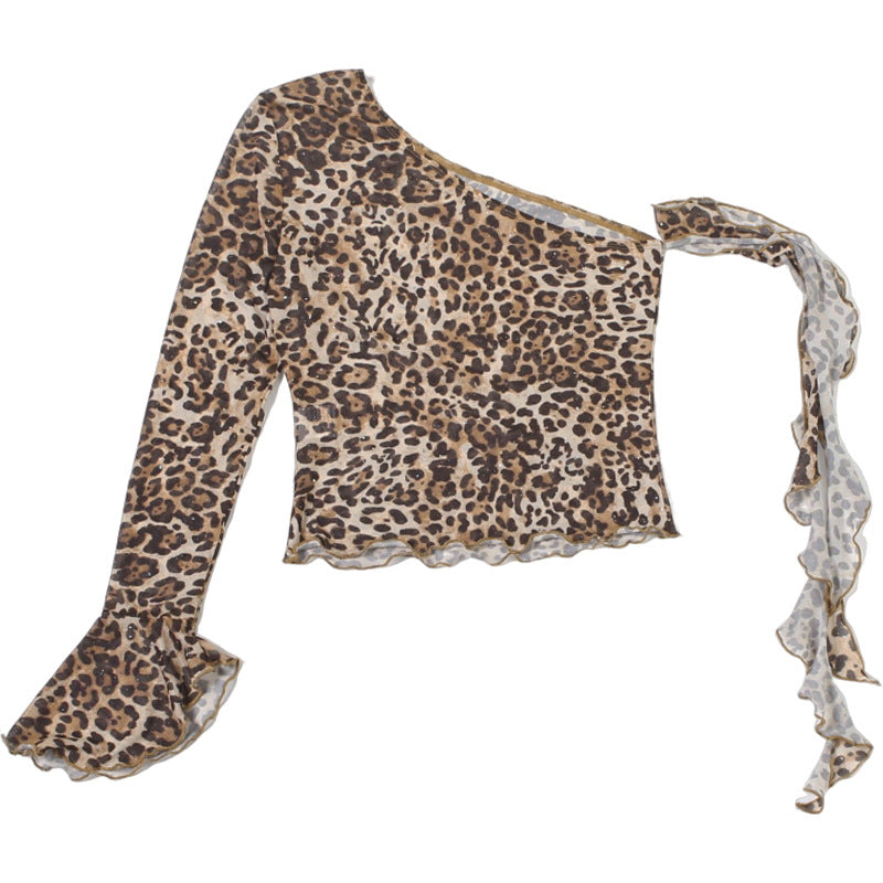 One shoulder leopard print ruffle mesh top  | Festival Outfits Women  | Cheetah Print Top