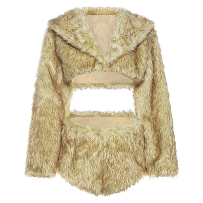 Long sleeve hoodie fluffy crop short pant set  | Festival Outfits Women
