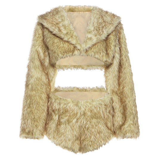 Long sleeve hoodie fluffy crop short pant set  | Festival Outfits Women
