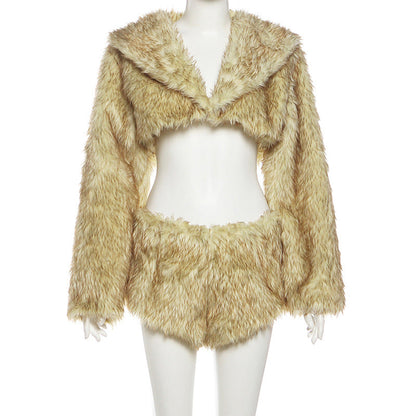 Long sleeve hoodie fluffy crop short pant set  | Festival Outfits Women