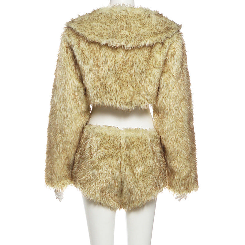 Long sleeve hoodie fluffy crop short pant set  | Festival Outfits Women