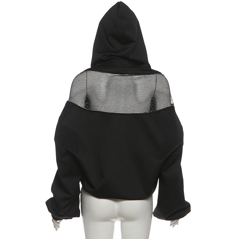 Hoodie long sleeve zip-up fishnet top  | Festival Outfits Women