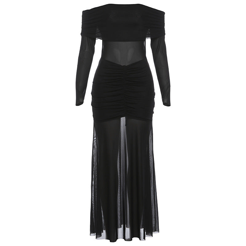 Off shoulder mesh patchwork long sleeve ruched maxi dress  | Festival Outfits Women