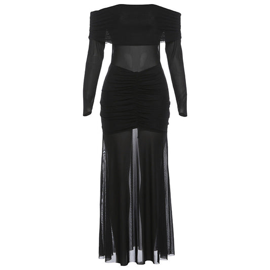 Off shoulder mesh patchwork long sleeve ruched maxi dress  | Festival Outfits Women