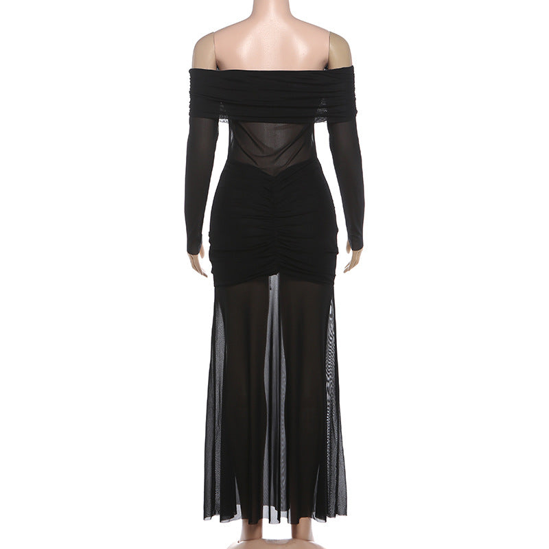 Off shoulder mesh patchwork long sleeve ruched maxi dress  | Festival Outfits Women
