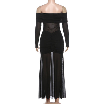Off shoulder mesh patchwork long sleeve ruched maxi dress  | Festival Outfits Women