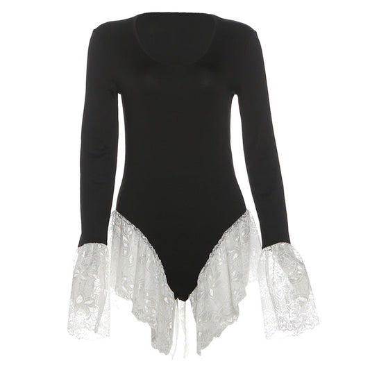 Long sleeve crewneck lace hem bodysuit  | Festival Outfits Women
