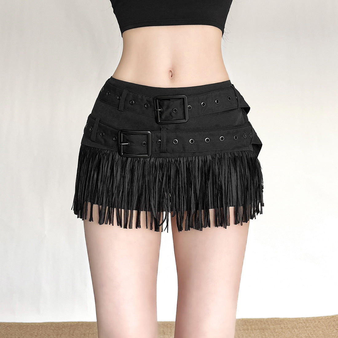 Buckle tassels solid mini skirt  | Festival Outfits Women
