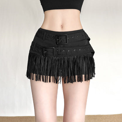 Buckle tassels solid mini skirt  | Festival Outfits Women