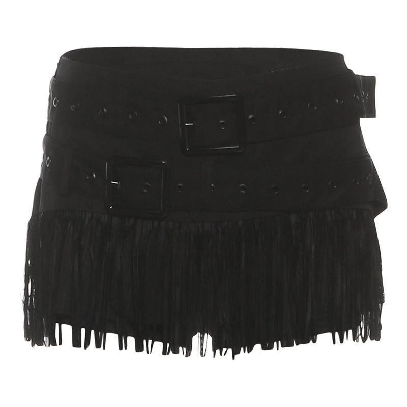 Buckle tassels solid mini skirt  | Festival Outfits Women