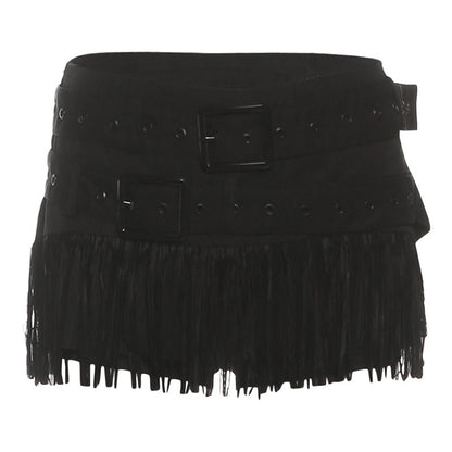 Buckle tassels solid mini skirt  | Festival Outfits Women