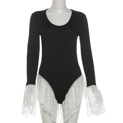 Long sleeve crewneck lace hem bodysuit  | Festival Outfits Women
