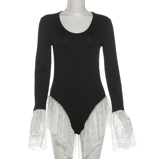Long sleeve crewneck lace hem bodysuit  | Festival Outfits Women