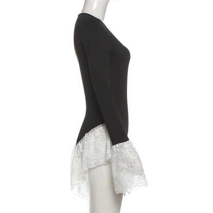 Long sleeve crewneck lace hem bodysuit  | Festival Outfits Women