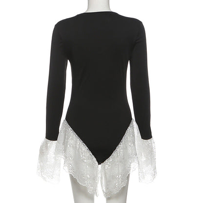 Long sleeve crewneck lace hem bodysuit  | Festival Outfits Women