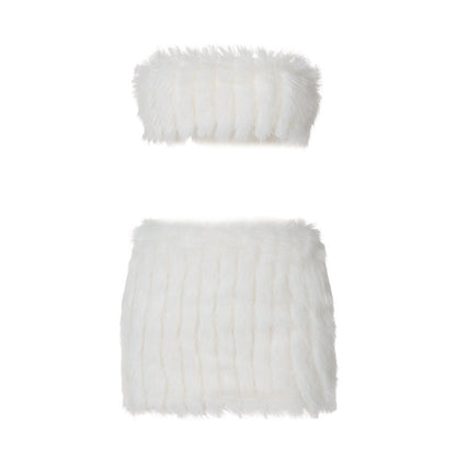 Fluffy backless tube mini skirt set  | Festival Outfits Women