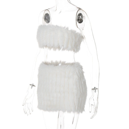 Fluffy backless tube mini skirt set  | Festival Outfits Women