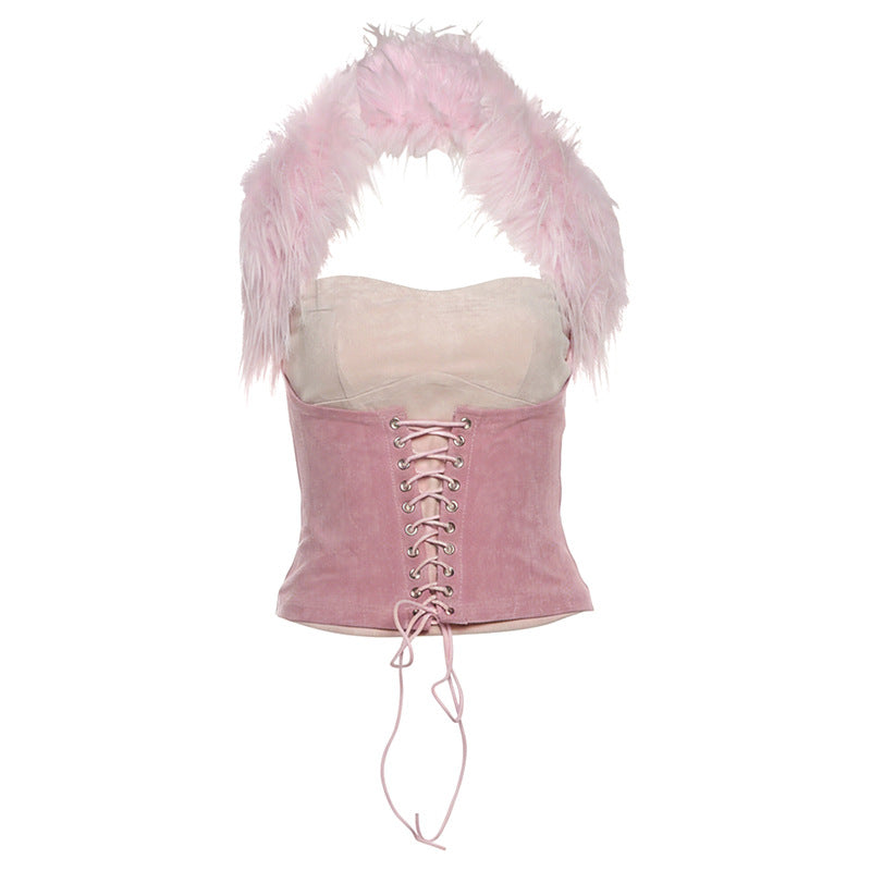 Halter lace up fluffy top  | Festival Outfits Women