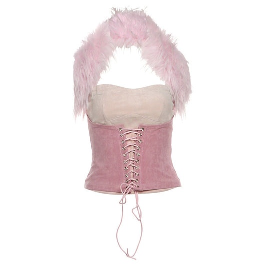 Halter lace up fluffy top | Festival Outfits Women