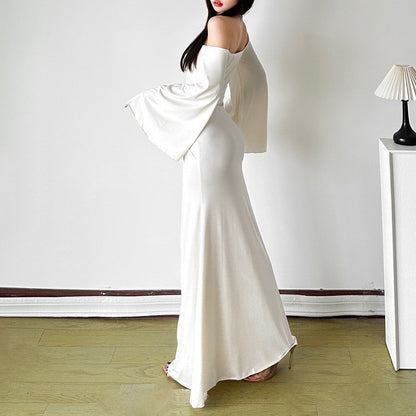 Off shoulder long flared sleeve ruched maxi dress  | Festival Outfits Women