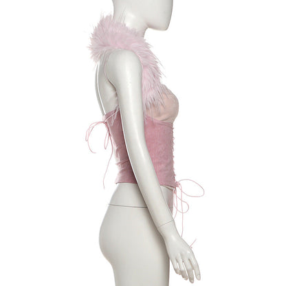 Halter lace up fluffy top  | Festival Outfits Women
