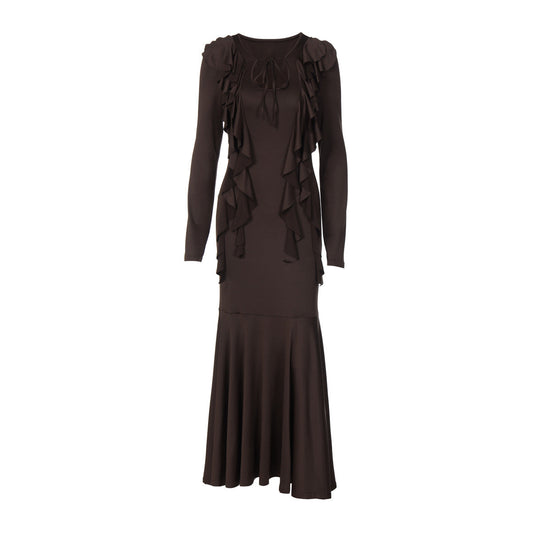 Long sleeve ruffle self tie solid maxi dress  | Festival Outfits Women