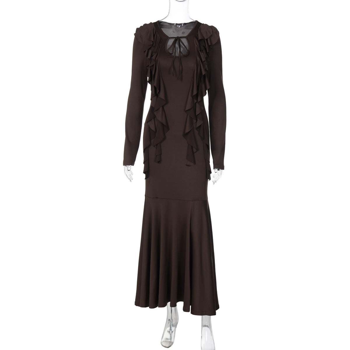 Long sleeve ruffle self tie solid maxi dress  | Festival Outfits Women