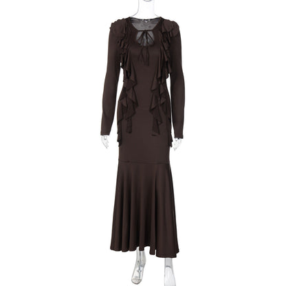Long sleeve ruffle self tie solid maxi dress  | Festival Outfits Women
