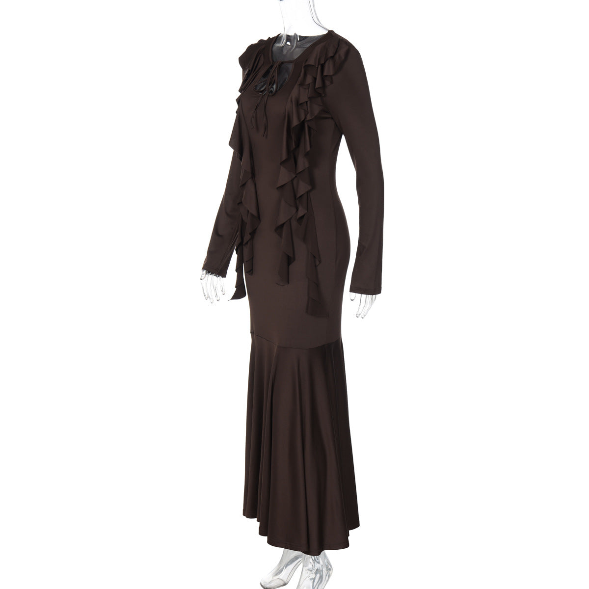 Long sleeve ruffle self tie solid maxi dress  | Festival Outfits Women